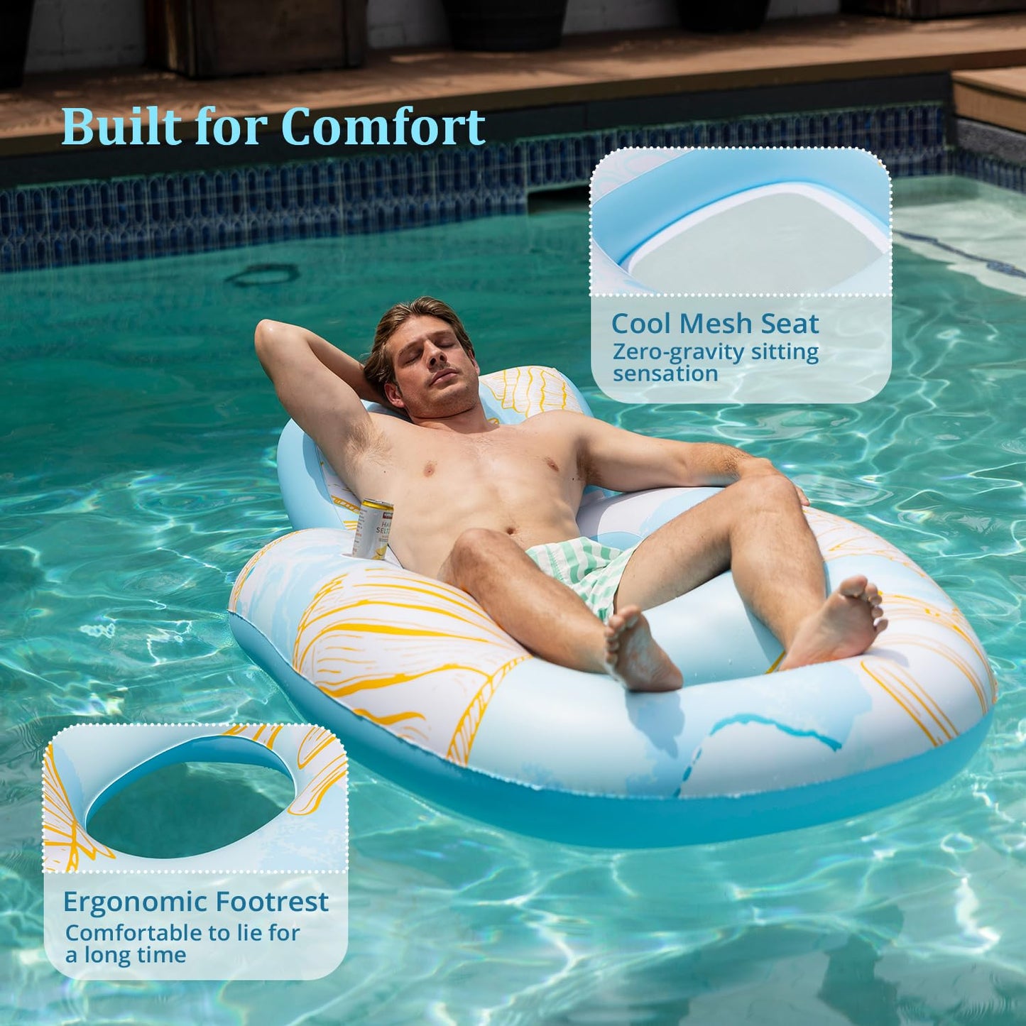 Sunrio Inflatable Pool Floats Adult, Pool Lounger Float With 300Lbs Weight Capacity, Pool Chair Float With Cup Holder, Headrest And Footrest For Swimming Pool, Lake, River Floating - Seahorse
