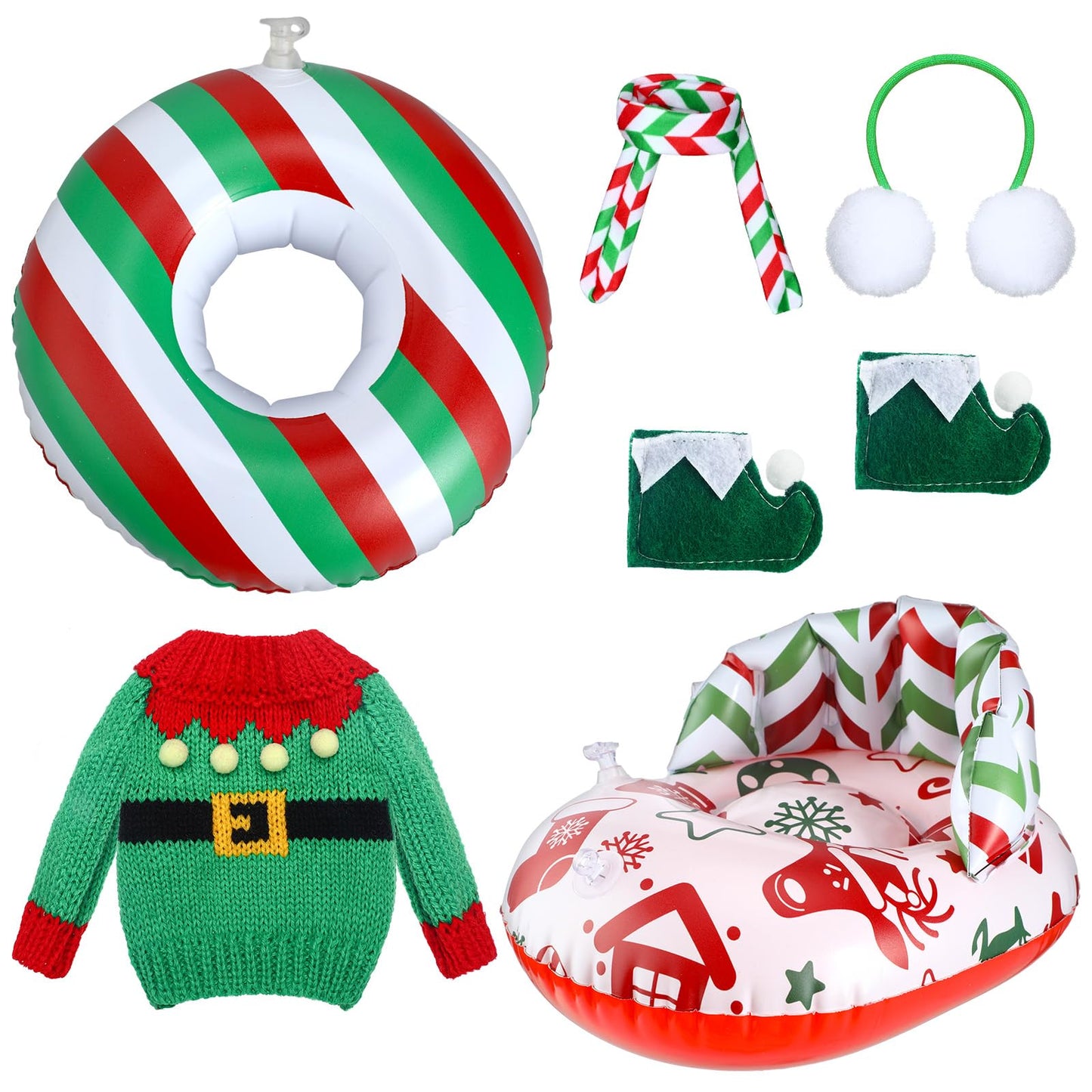 Cindeer 6 Pcs Christmas Elf Doll Accessories Set Includes Doll Clothes Sweater Ear Muffs Scarf Shoes Sleigh Snow Ring Set For 11.5 Inch Doll (Red Green Stripe)