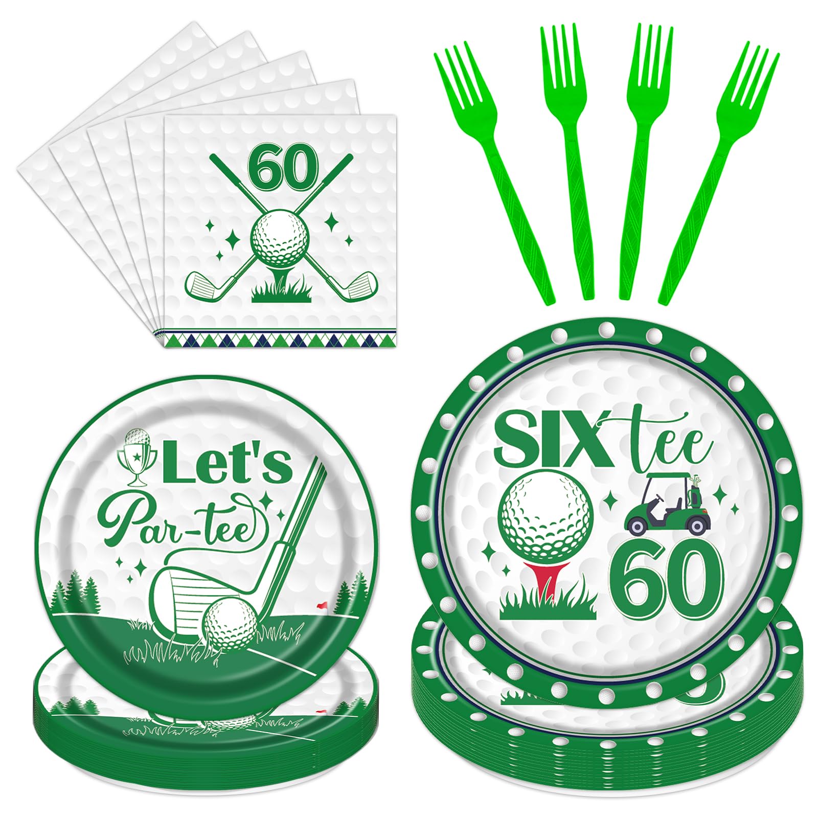 Rakuto Golf 60th Birthday Tableware Decorations for Men, Golf Theme Sixtee Birthday Party Plates Napkins and Forks, Disposable P