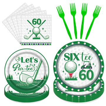 Rakuto Golf 60th Birthday Tableware Decorations for Men, Golf Theme Sixtee Birthday Party Plates Napkins and Forks, Disposable P
