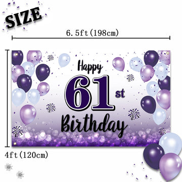 LASKYER Happy 61st Birthday Decorations,61st Purple Balloon Large Birthday Banner Backdrop Sign,61 Years Old Bday Party Supplies