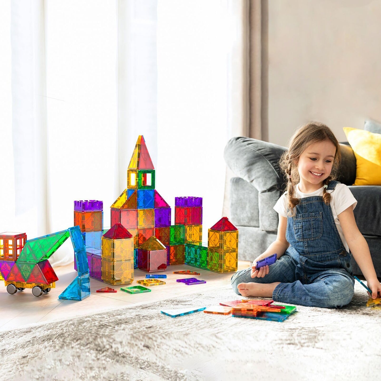 Bmag Magnet Building Blocks Set - 100PCS Multicolored Plastic Tiles with 2 Cars, STEM Educational Toy, Model BG23-100