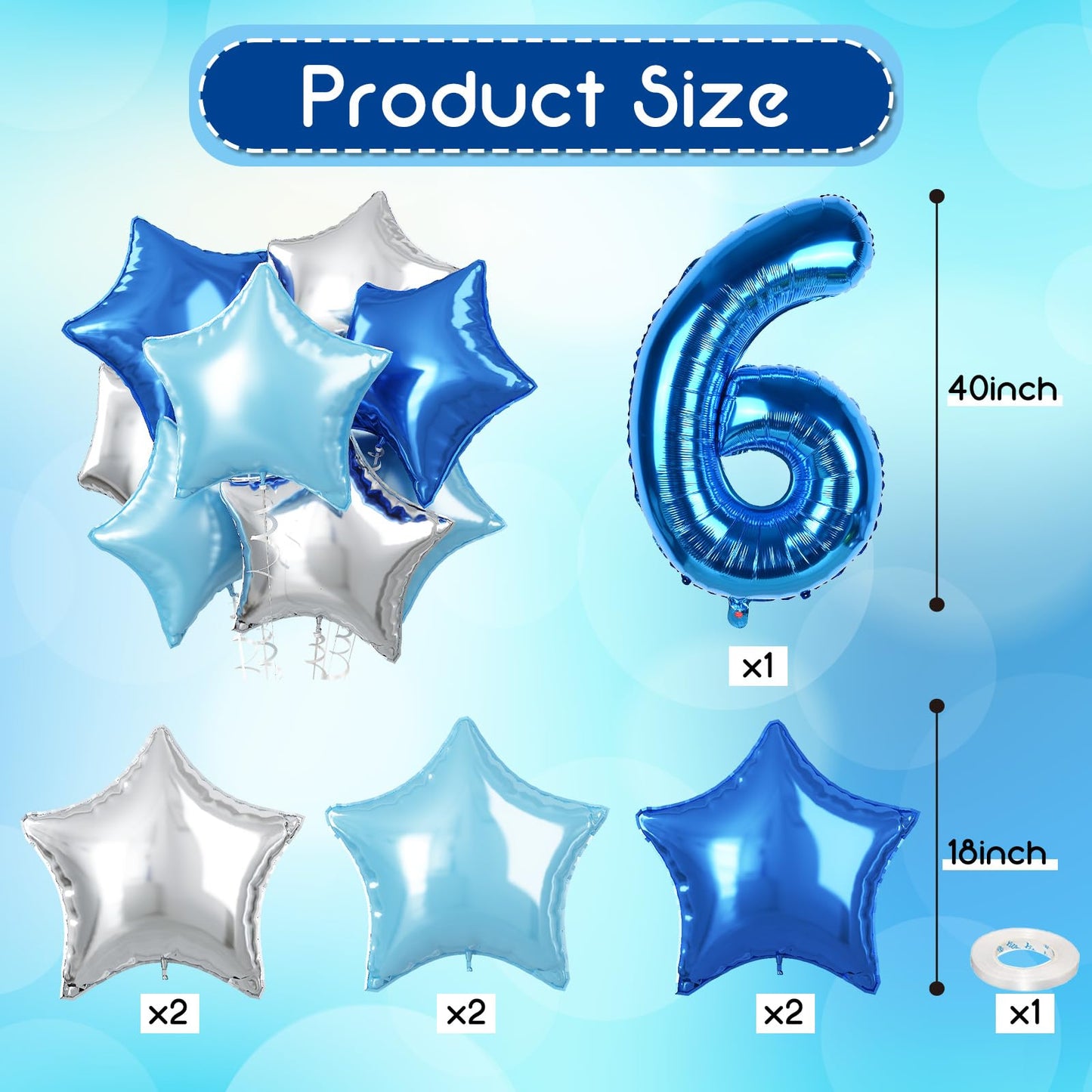 16Th Birthday Balloon For Boys, 40 Inch Royal Dark Navy Blue Number 16 Mylar Balloon, Silver Sky Light Blue Self Inflating Star