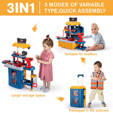 3 in 1 Kids Tool Bench -GEIYATOI, Toddler Workbench with Electric Drill and Realistic Toddler Tool Set for 2 3 4 5 6 Years Old B