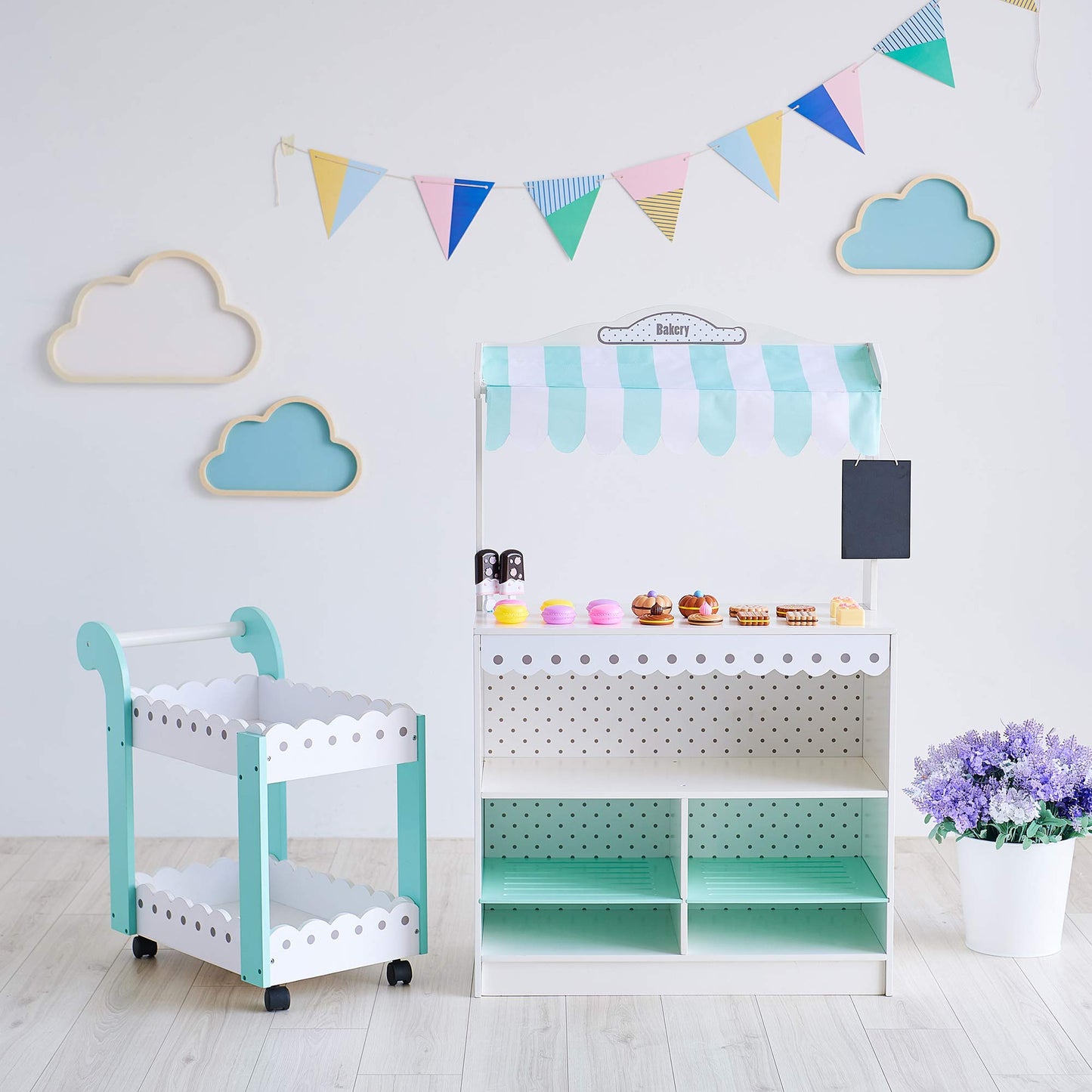 Teamson Kids My Dream Bakery Shop Dessert Stand And Rolling Pastry Cart Interactive Wooden Play Set With 18 Pretend Baked Goods,