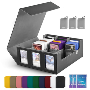 Uaono Card Storage Box For Trading Cards, 1800+ Commander Deck Box For Mtg With Display Window, Toploader Card Case Fits Magic Tcg Ptcg Sports Cards; 10 Removable Divider Tabs, 3 Stoppers (Black)