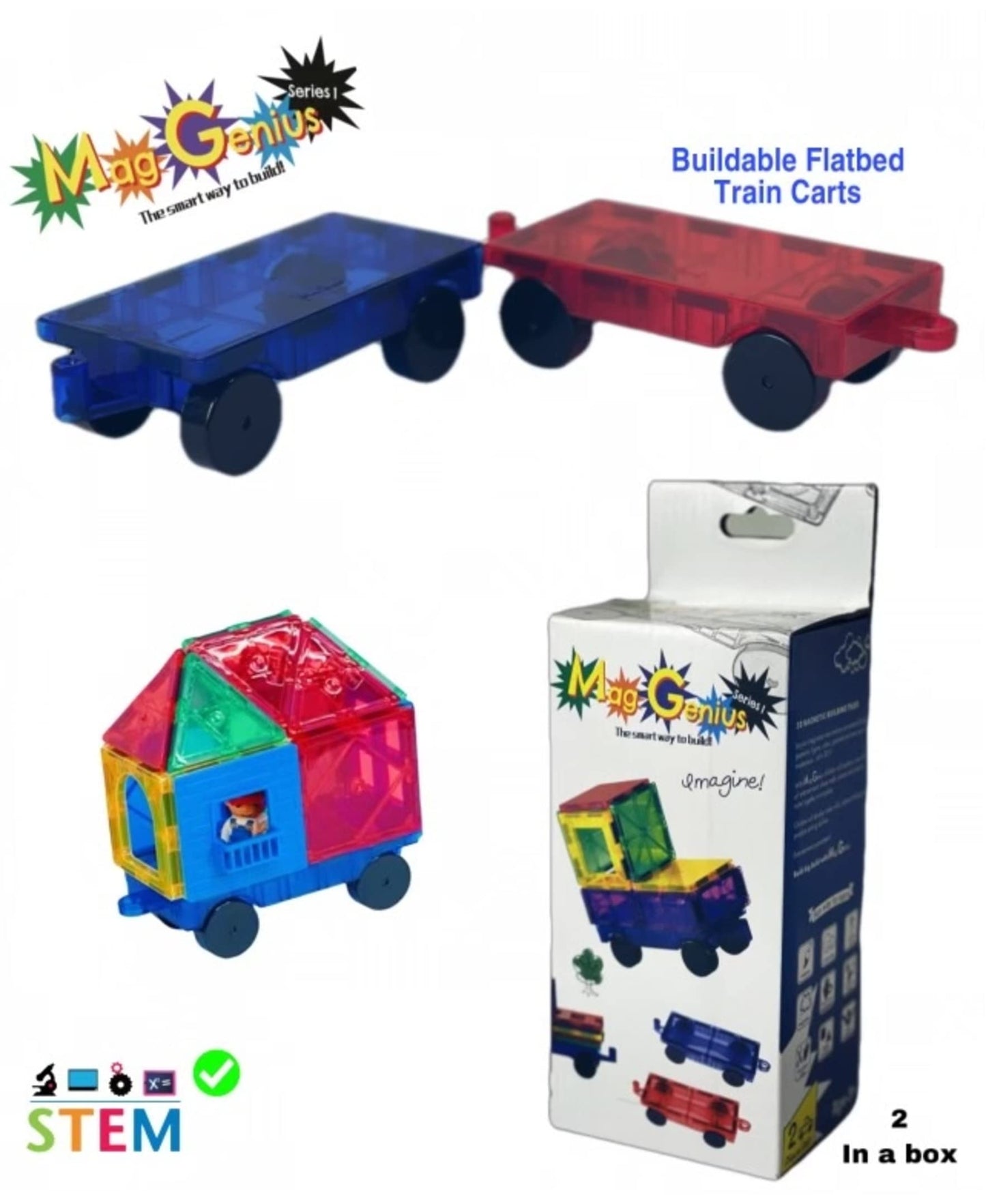 Mag-Genius Magnet Tiles Car Set Magnet Car Truck Train Magnet Building Tile Magnet Toy Add On, Red/Blue, 2 Piece