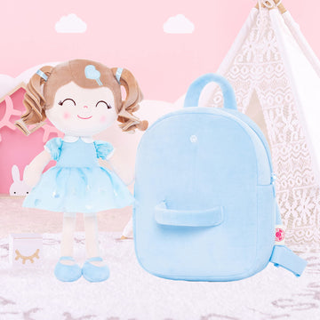 Gloveleya Toddler Backpack Baby Girl Gift Plush Bag Diaper Bag With Spring Girl Doll Curly Hair Girl Toys With Love Blue 9 Inches