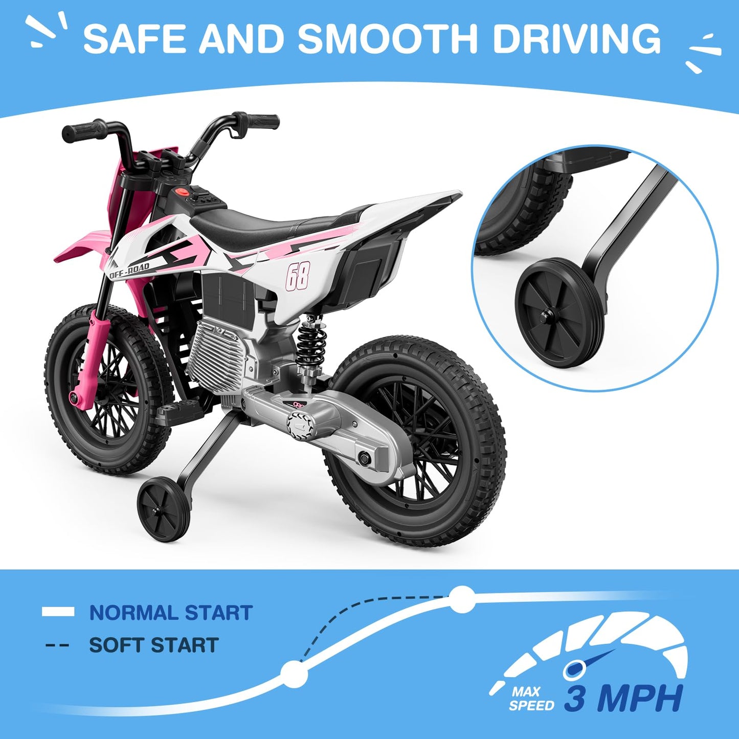 Joystroll S6 12V Kids Motorcycle, 2X25W Ride On Motorbike, Equipped With Wireless Connection, Training Wheels, Self-Control Thro