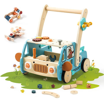 OESSUF 2-in-1 Wooden Baby Walker with 40 PCS Tool Toys - Baby Push Walker for 6-12 Months, Activity Center for Toddlers Aged 1-3