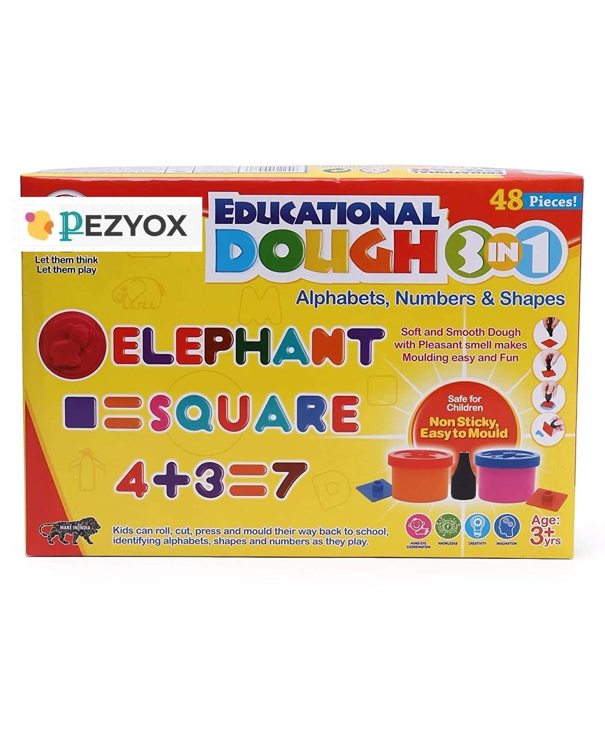 Pezyox Art & Craft Educational Dough 3 In 1 With Alphabets, Numbers & Shapes Moulds (48 Pieces) Along With Mathematical Signs, N