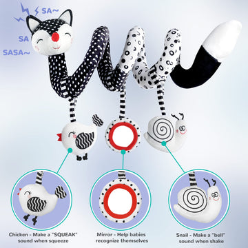XIXILAND Baby Spiral Plush Toy - Black & White Stroller Toy, Stretch Activity Rattle for Crib Mobile, Sensory Toy for Newborns 0-12 Months