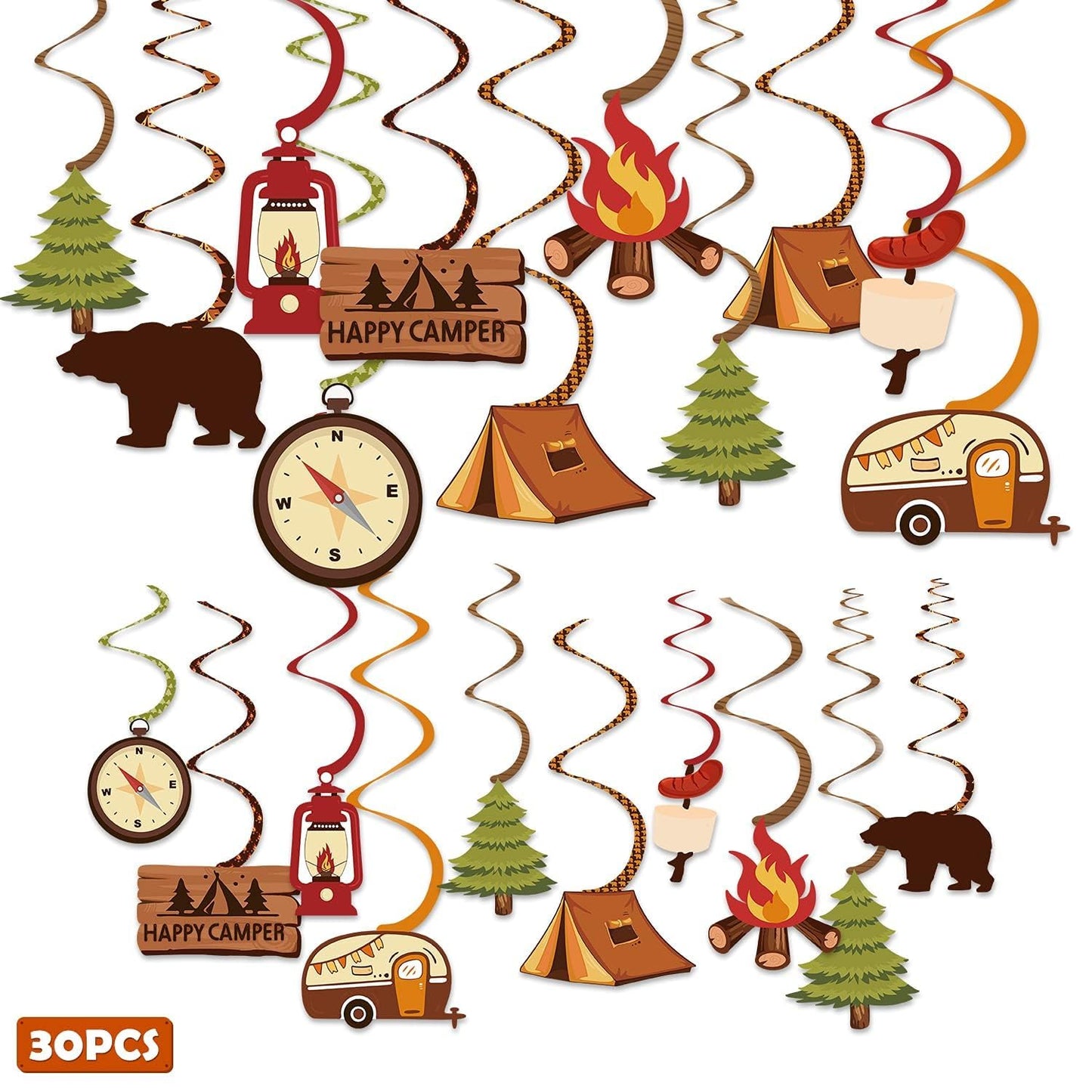 Levfla 30CT Happy Camper Party Hanging Swirls Decoration Camping Kids Birthday Photo Props Ideas Tent Cutouts Adventure SMore W