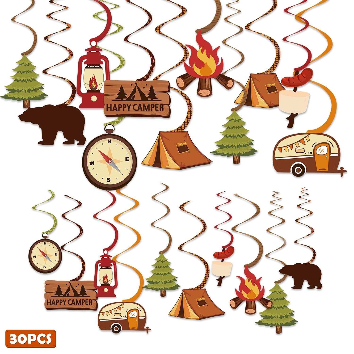 Levfla 30CT Happy Camper Party Hanging Swirls Decoration Camping Kids Birthday Photo Props Ideas Tent Cutouts Adventure SMore W