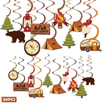 Levfla 30CT Happy Camper Party Hanging Swirls Decoration Camping Kids Birthday Photo Props Ideas Tent Cutouts Adventure SMore W