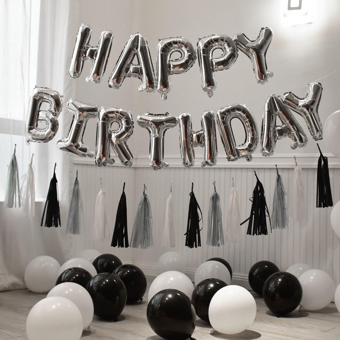 Happy Birthday Balloons Banner, Silver Happy Birthday Foil Balloons 16 Inch Mylar Foil Letter Balloons With 8 Pcs Black Silver S