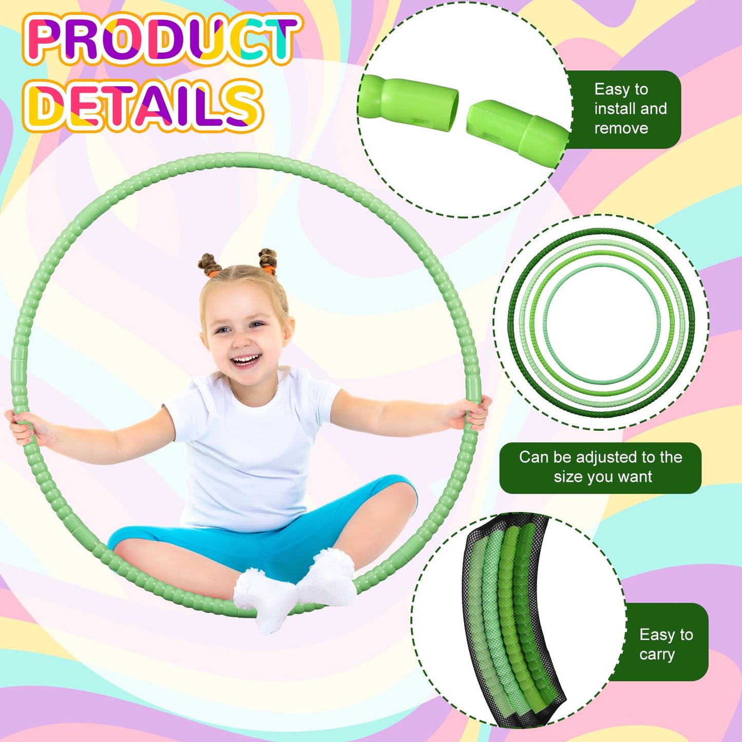 Syhood 12 Pcs Toy Color Hoop Plastic Detachable Adjustable Hoop Light Weight Exercise Fitness Equipment Toy Waist Ring for mature-themed Party  3 Sizes (Gradient Green)