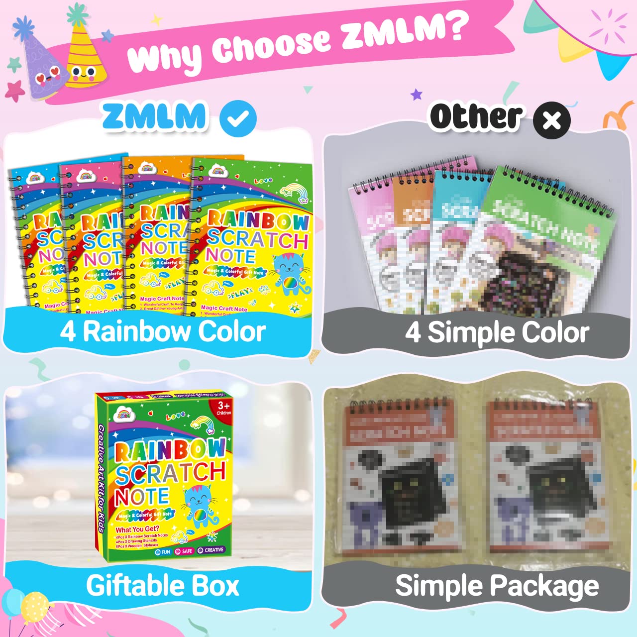 Zmlm Scratch Art Party Favors: 4 Pack Rainbow Scratch Paper Art Set For Kids 3-12 Years Old Art And Craft Notebook Girl Boy Birthday Gift Goodie Bag Stuffers(5 Wooden Stylus & 4 Drawing Stencils)
