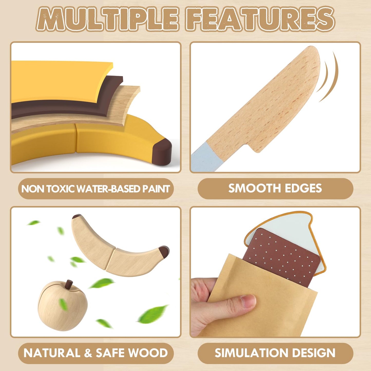 Lehoo Castle Play Food Sets for Kids Kitchen, Wooden Toys Food for Toddlers 1-3, Pretend Picnic Play Set, Cutting Food Toys, Gif