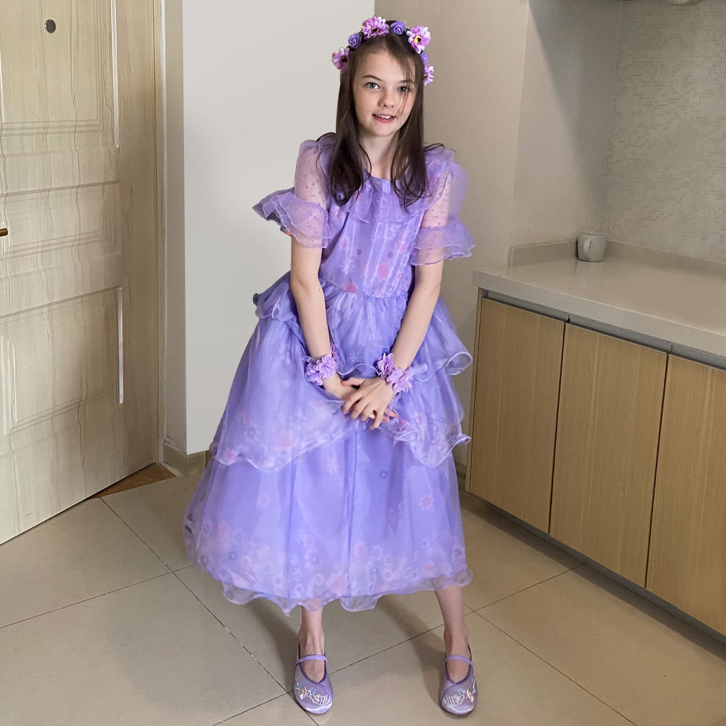 Ccjrlm Encanto Dress Mirabel Dress Encanto,Isabella Encanto Costume For Girls Cosplay Dress Up With Glasses Earrings 9-10 Years