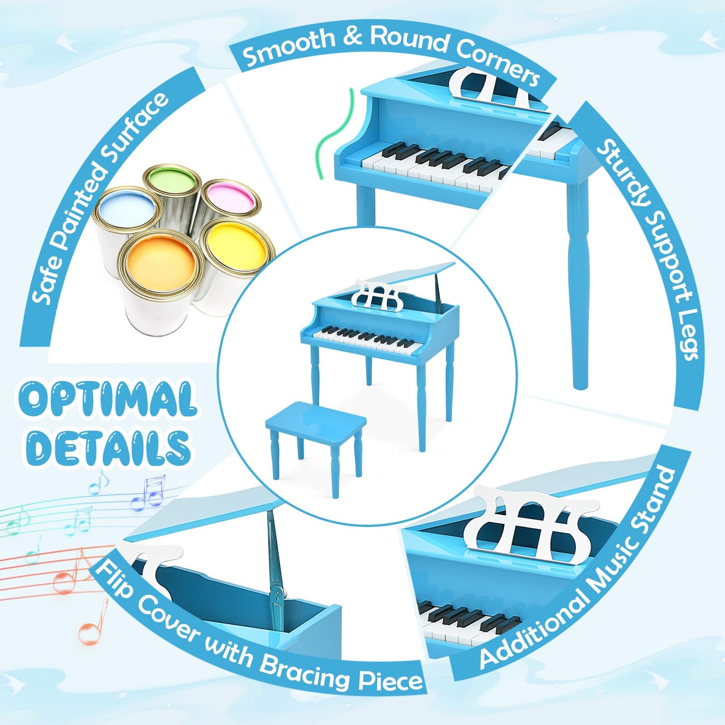 Goplus 30-Key Classical Kids Piano, Mini Grand Piano Wooden Learn-to-Play Musical Instrument Toy with Bench, Piano Lid, Music Ra