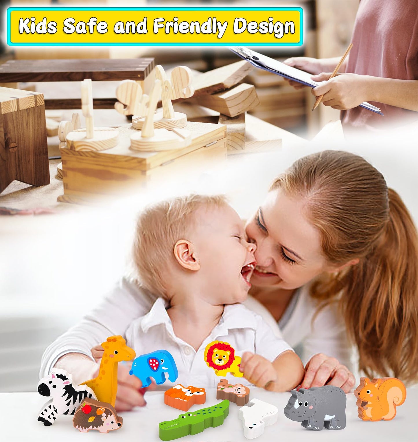 Wooden Animal Puzzles Toys for Toddlers,24 Pcs Farm and Safari Animal Figures,Animal Matching Sorting Stacking Toys for Boys Chi
