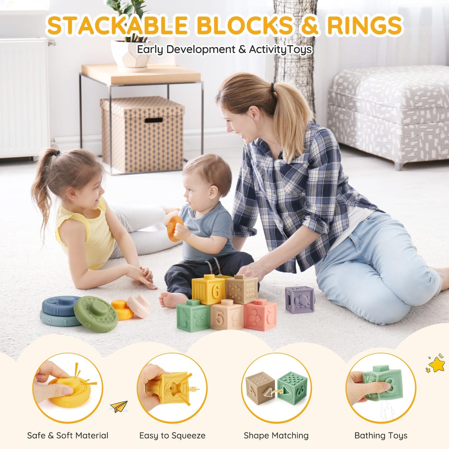 Vomii 18Pcs Baby Toys 6-12-18 Months, Montessori Toys Newborn Toys For Babies, Infant Teether Sorting Stacking Blocks Spinner To