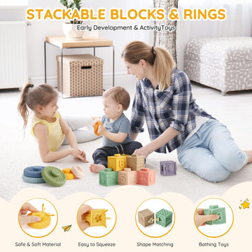 Vomii 18Pcs Baby Toys 6-12-18 Months, Montessori Toys Newborn Toys For Babies, Infant Teether Sorting Stacking Blocks Spinner To
