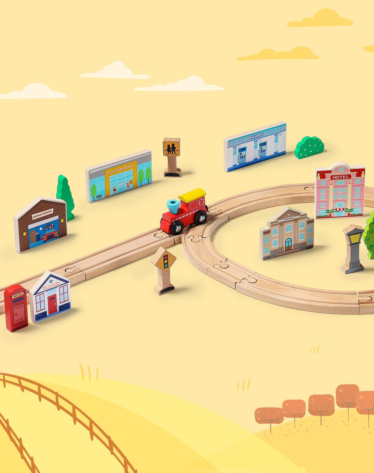 SainSmart Jr. 30 Pcs Wooden Town Play Set, Wooden Train Accessories, Community Helpers Toys for Preschool Learning | Includes Bu