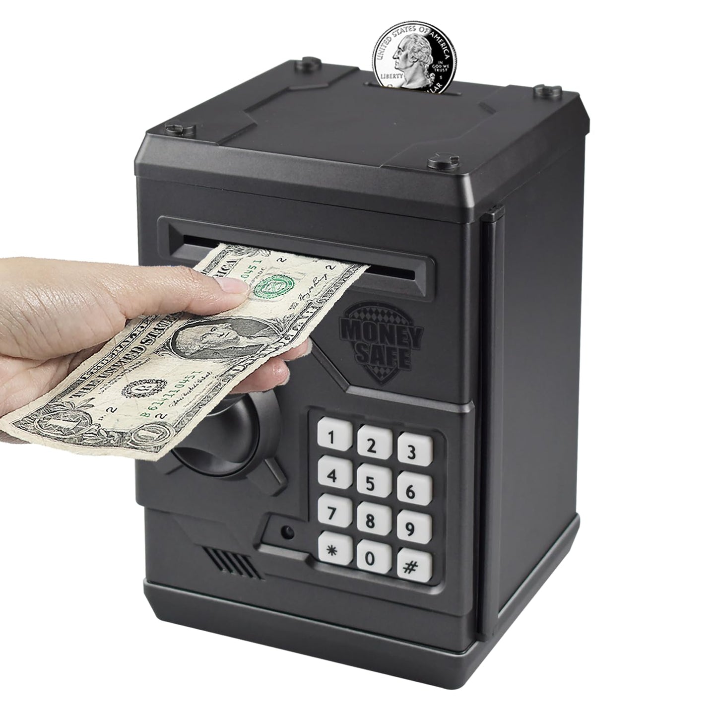 Cargooy Mini Atm Piggy Bank Atm Machine Best Gift For Kids,Electronic Code Piggy Bank Money Counter Safe Box Coin Bank For Boys Girls Password Lock Case (Dark Grey)