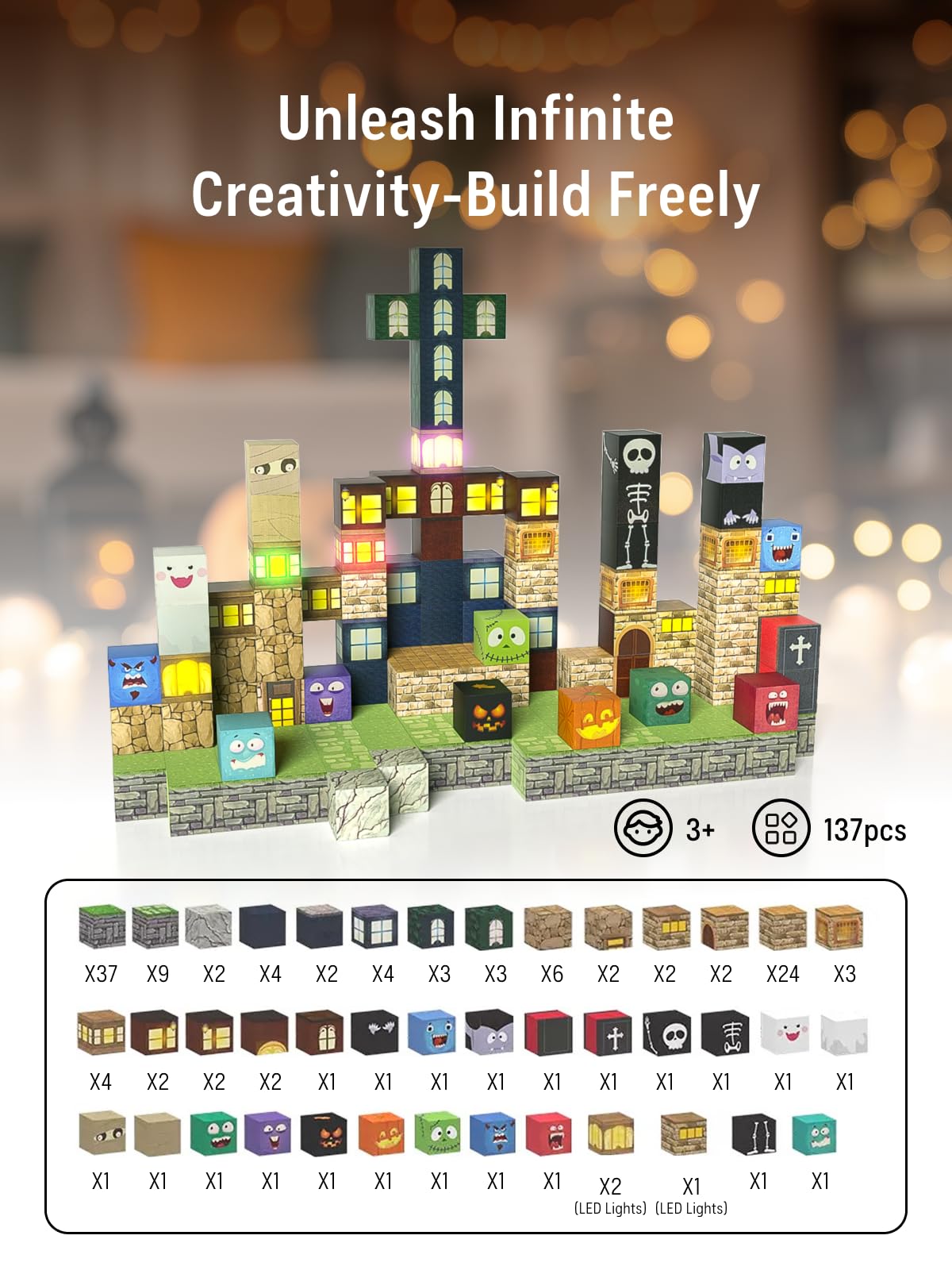 Veecafiodi Magnetic Blocks -137Pcs Lights Halloween Building Blocks,World Magnetic Tiles Kids Build Cubes 3+,Stem Toys For 3-5 4