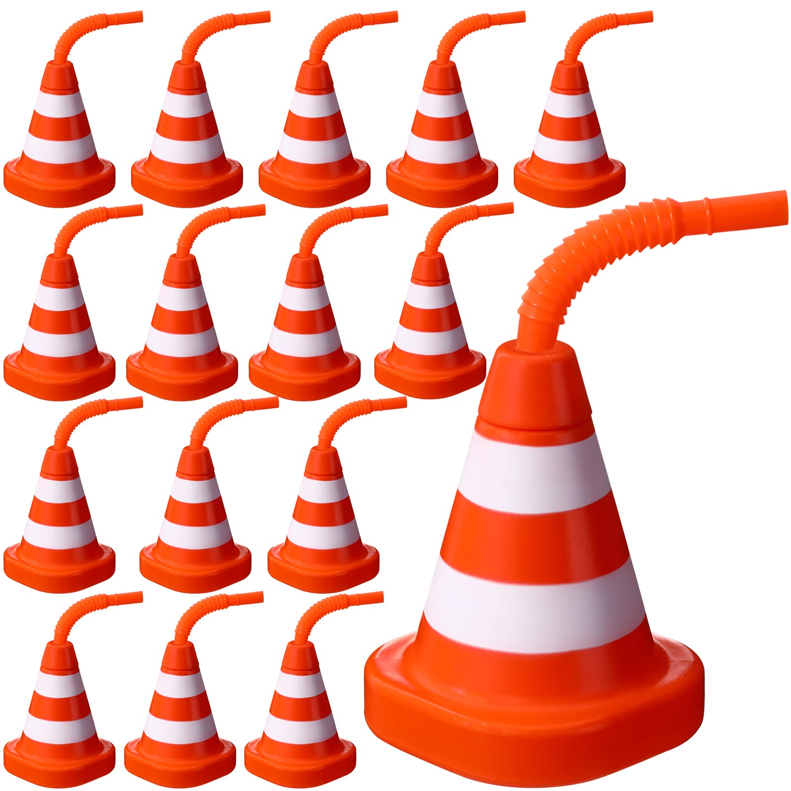 Sawysine 16 Pack Construction Cone Cups with Straws Bulk, Traffic Cones Party Favor 10 oz Plastic Reusable Kids Race Cups Set fo