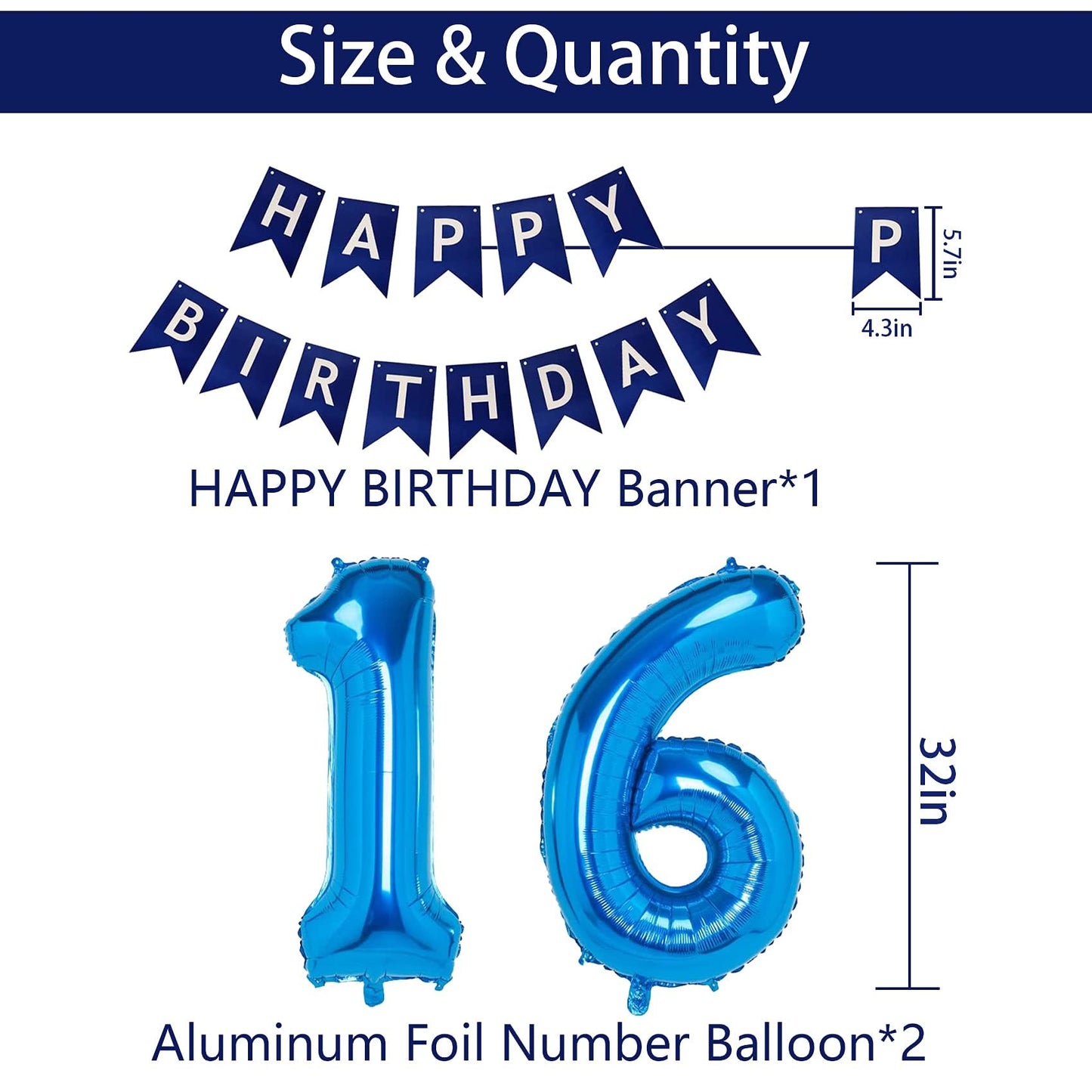 Naninuneno 16Th Blue Birthday Party Decorations For Boy Girl Men Women, Happy 16 Birthday Balloons Supplies With Happy Birthday