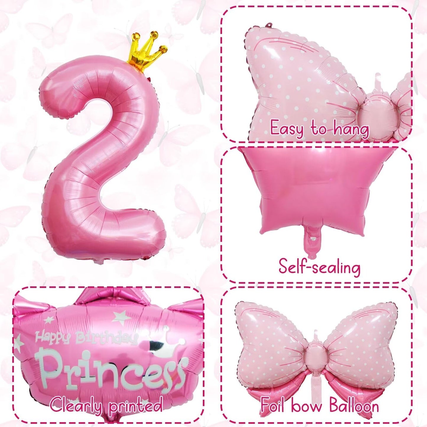 Pink 2Nd Birthday Decorations, Pink 2Nd Birthday Balloon Set With 40 Inch Pink Number 2, Large Helium Foil Mylar Princess Crown Balloon, Pink Bow Foil Balloons For Girls Birthday Party Decoration