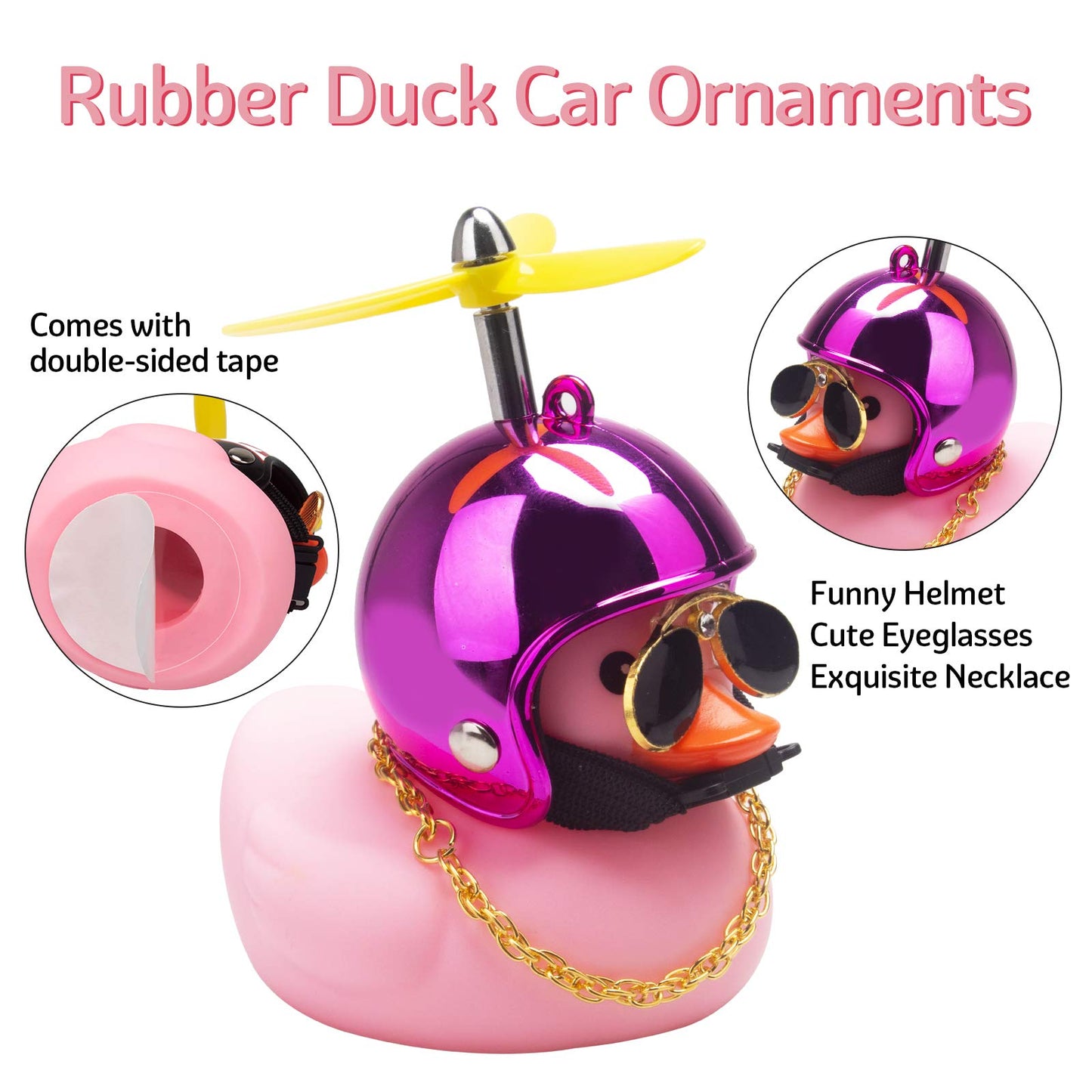 Wonuu Pink Duck Car Dashboard Decorations Rubber Duck Car Ornaments Cool Duck With Propeller Helmet Sunglasses Gold Chain (Gorgeous Rose)