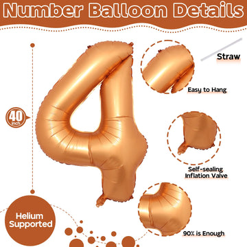 Large Foil Number 4 Balloons, 40 Inch Number Balloon 4 Decor For Boys, Mylar Helium Self Inflating Orange 0-9 Set Balloon For Ki