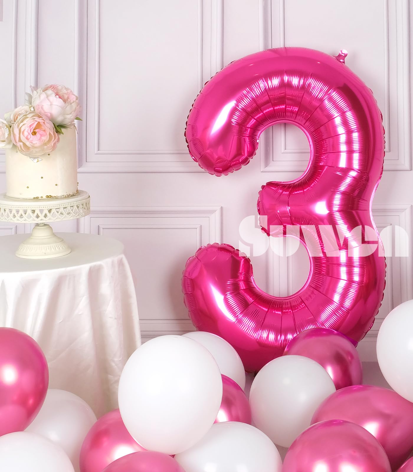Suwen 40 Inch Hot Pink Large 3 Number Balloons Big Foil Helium Number Balloons 0-9 Jumbo Happy 3Rd Mylar Birthday Party Decorati