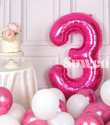 Suwen 40 Inch Hot Pink Large 3 Number Balloons Big Foil Helium Number Balloons 0-9 Jumbo Happy 3Rd Mylar Birthday Party Decorati