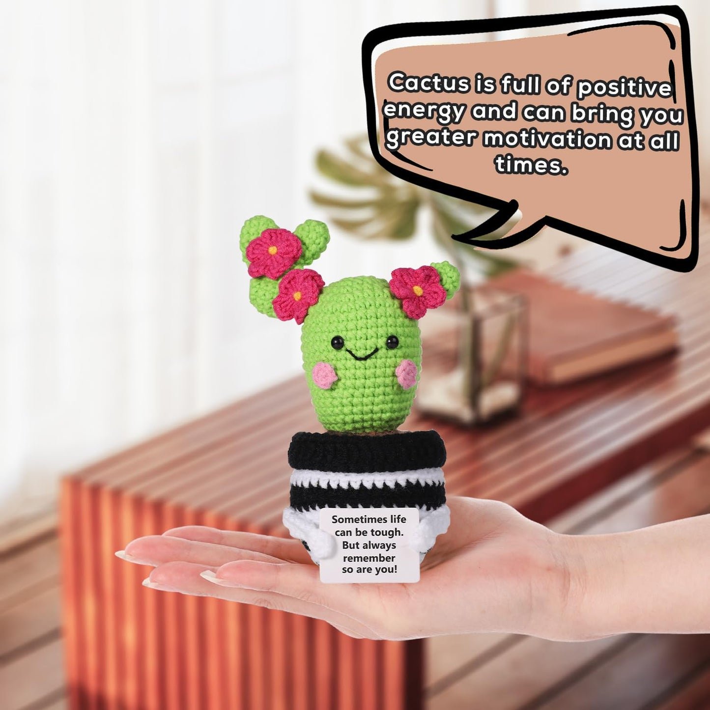 Lasuroa Positive Cactus Crochet, 6.3 Inch Green Positive Knitted Plants Cactus Doll Toy Funny Emotional Potato Holding Support Card Small Cactus Decorations For Mexico Christmas Party Birthday Gifts