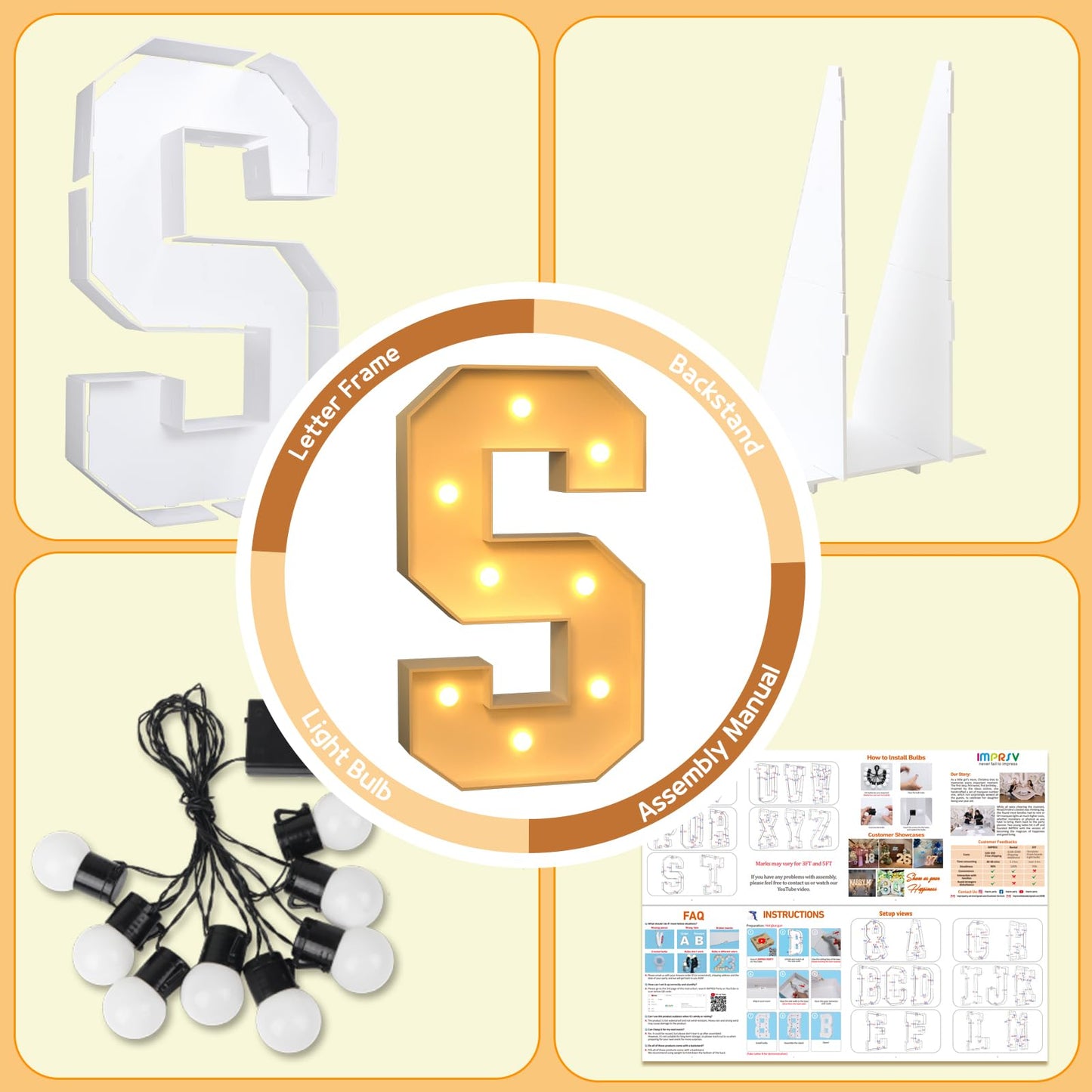 Imprsv Marquee Light Up Letter S, Art Craft Kit For Party Decorations, 3Ft White Foam Board Decor, Baby Shower, Wedding, Engagem