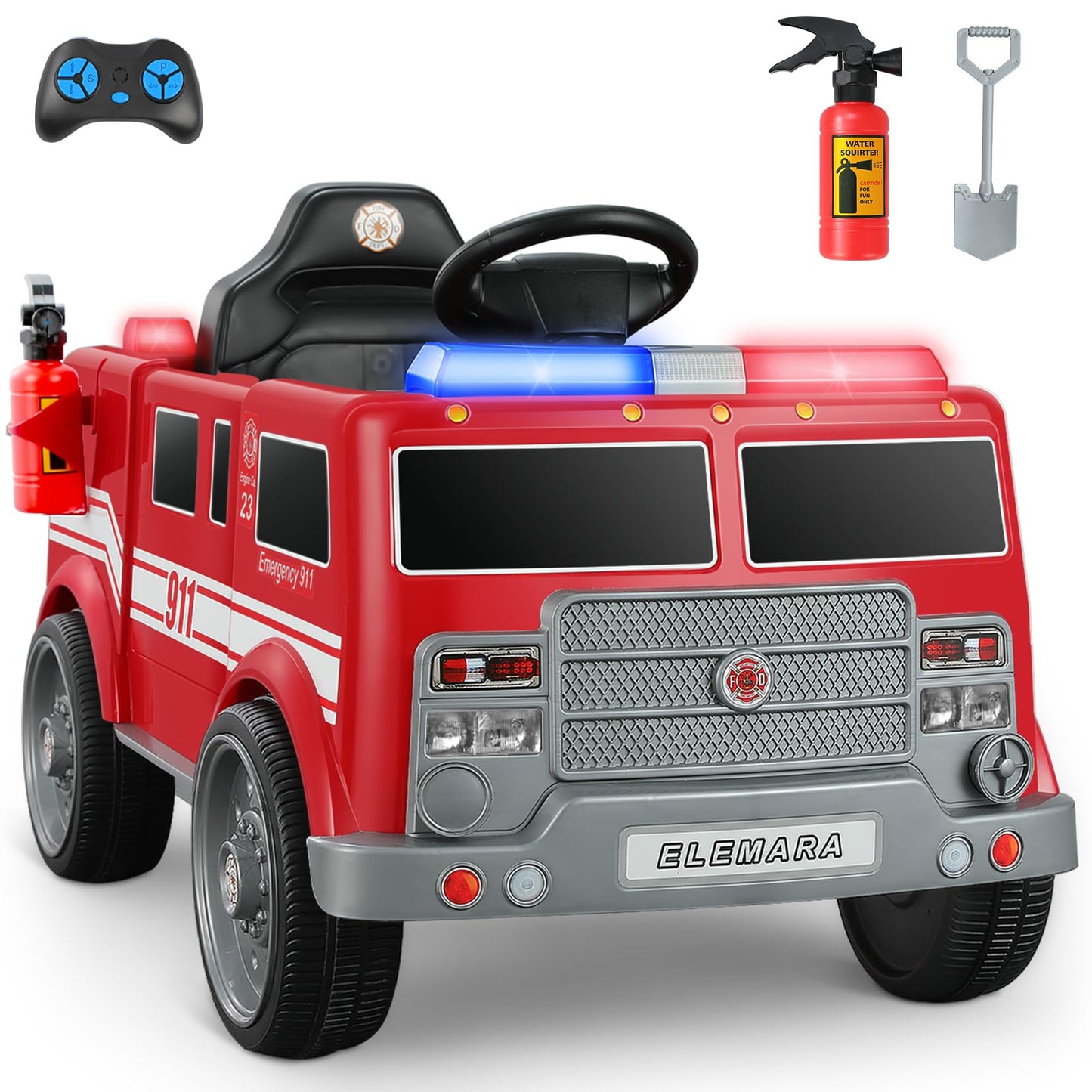 ELEMARA 12V Ride on Fire Truck, Electric Ride on Car for Kids,Battery Powered Toddler Car w/Parent Remote Control,Siren-Call,wal