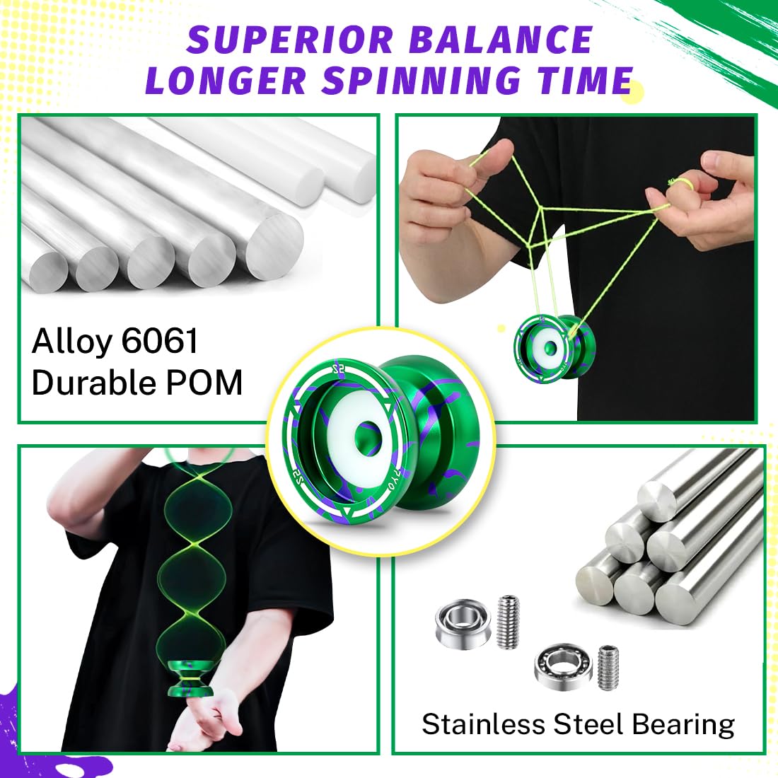 7Yo S2 Professional Responsive Yoyo For Beginner /Unresponsive Yoyo Finger Spin Trick Yo Yo For Advanced With 12 Yo-Yo Strings +