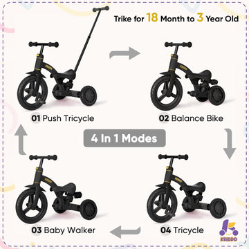 KRIDDO 4-in-1 Kids Tricycle for 1.5 to 3 Yea Old with Parent Steering Push Handle, 12 Inch Front Wheel Trike, Toddler Balance Bi
