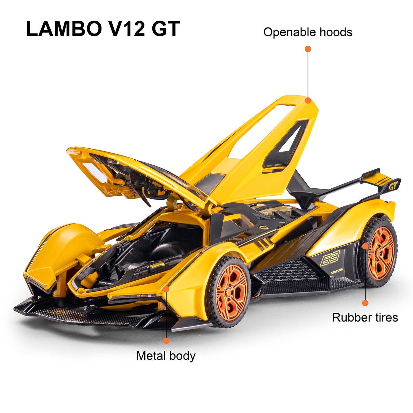 SASBSC Diecast Metal Lambo V12 Race Car Toy - Yellow, Light & Sound, Pull Back, for Boys Ages 3-8, Perfect Gift for Birthdays & Christmas