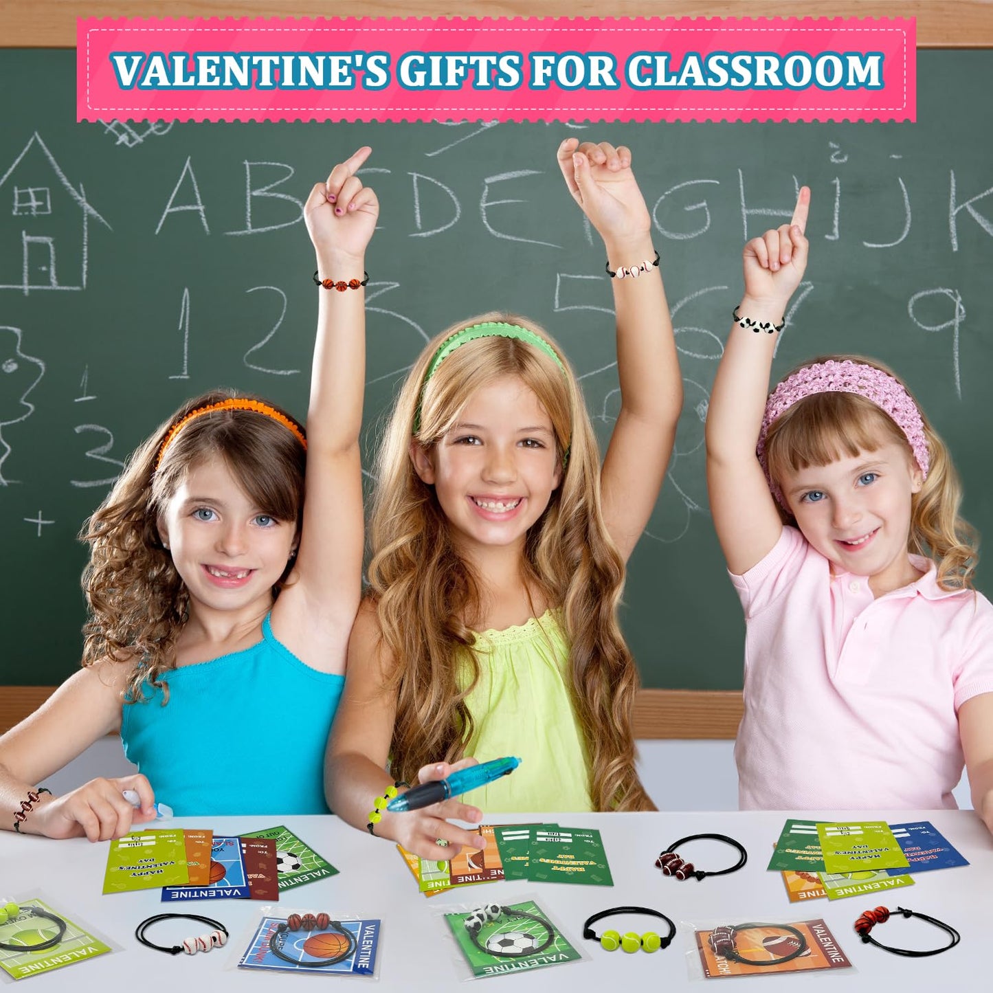 Sports Bracelet Valentines Day Gifts for Kids School Classroom,30 Pack Adjustable Bracelets w/ Cards for Toddler Boy Girl,Valent