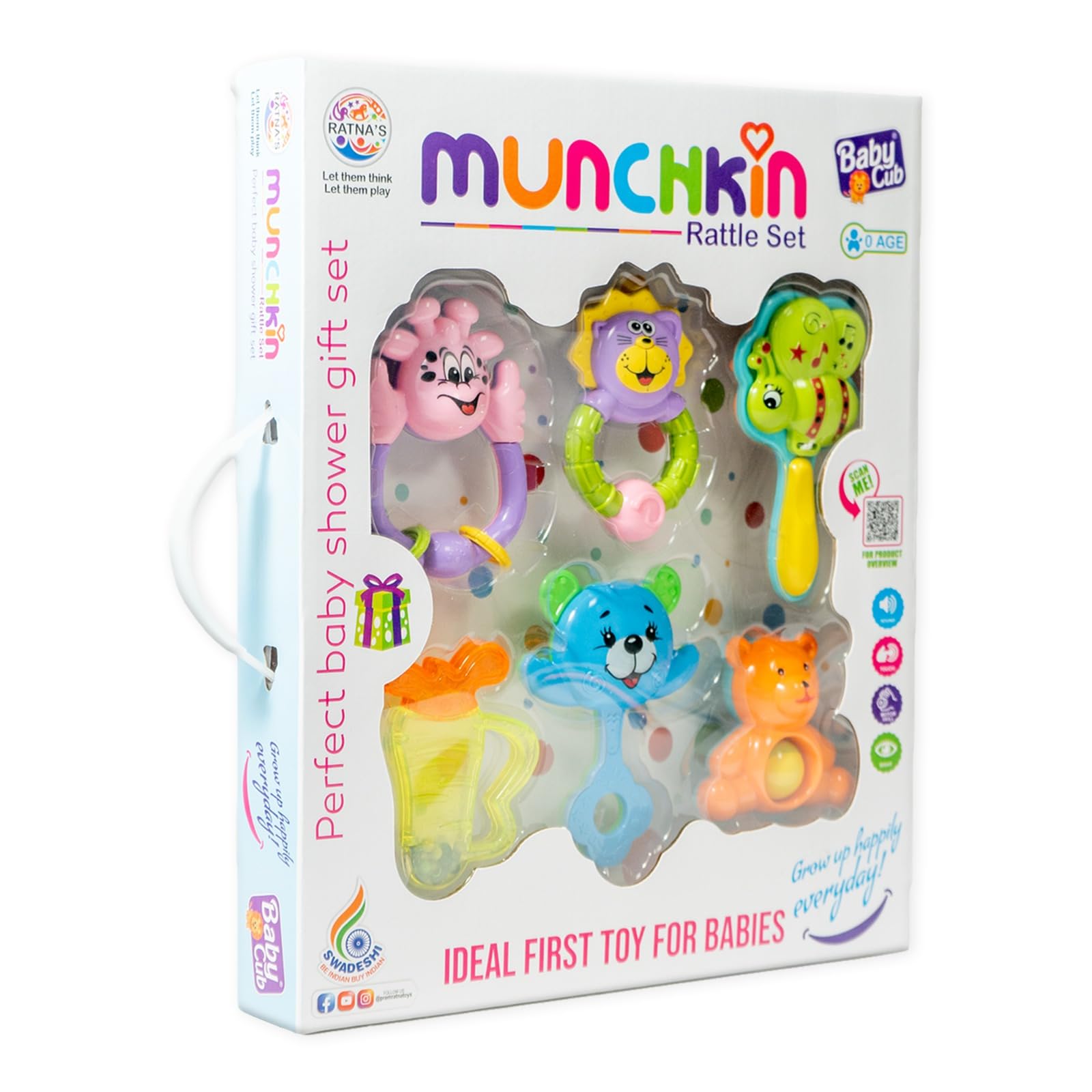 RatnaS Munchkin Rattle Set Of 6 Attractive Rattles For New Born Babies Colourful Plastic Non Toxic Toys For 6 + Month Old Baby