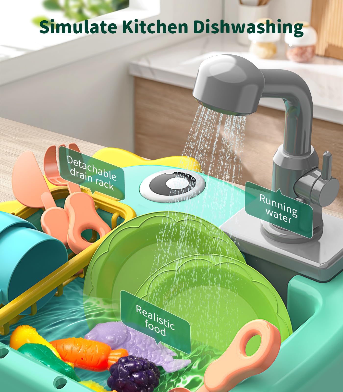 Geyiie Mini Toddler Sink Toy, Play Sink with Running Water, Automatic Water Cycle System and 13Pcs Rich Kitchen Accessories, Kid