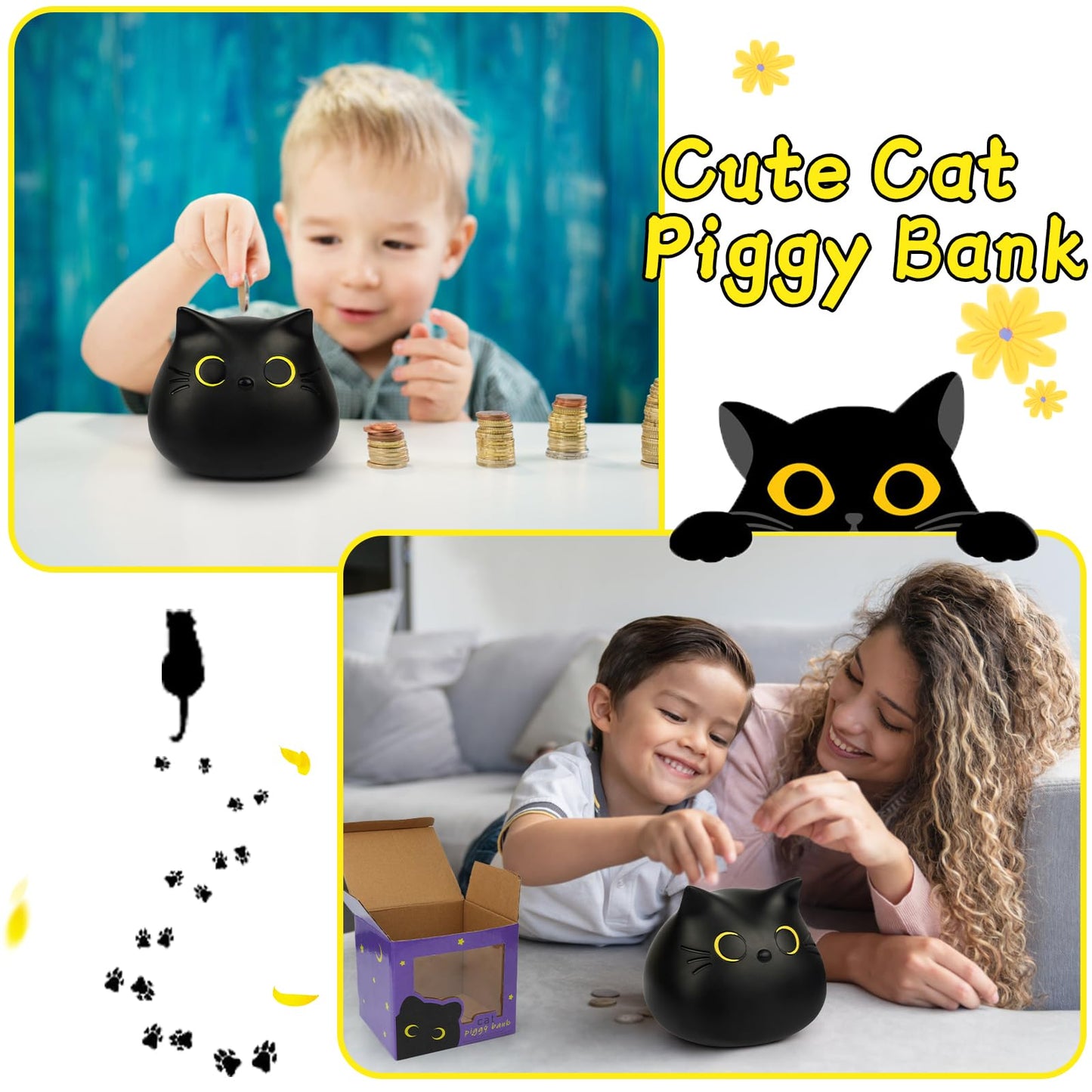 Nigoways Piggy Bank For Kids,Unbreakable Coin Bank For Boys,Money Banks With Box Gifts For Birthday,Christmas,Baby Shower (Small Black-Cat)
