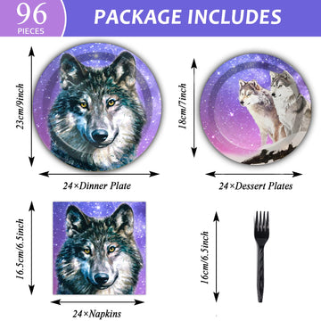 Wiooffen 96 Pcs Wolf Party Supplies Plates Napkins Forks Tableware Set Wolf Animal Birthday Disposable Dinnerware Decoration For