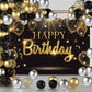 IIILUYOT Happy Birthday Party Backdrop, Black Gold Vinyl Banner 6x4.2ft, Large Birthday Theme Decorations, Glitter Star Props